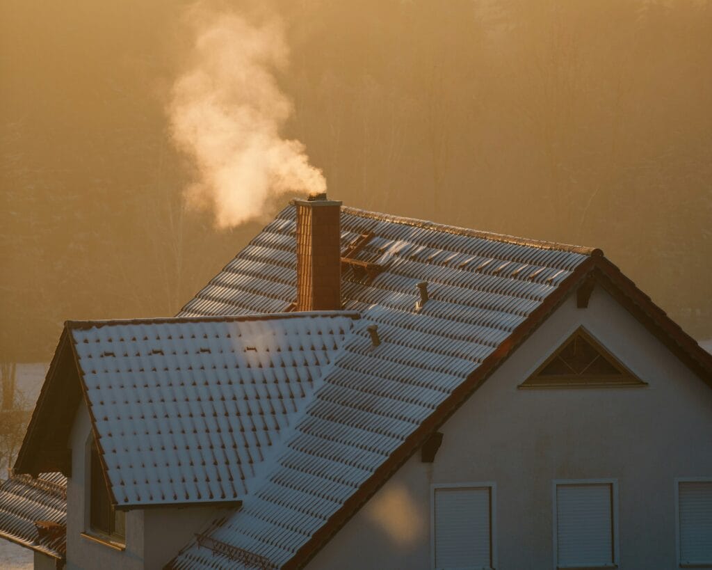 Snow-covered Durham Region home with smoke rising from the chimney on a winter morning — representing home heating systems.