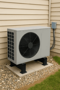 Outdoor residential heat pump unit mounted on a concrete pad against a beige siding wall