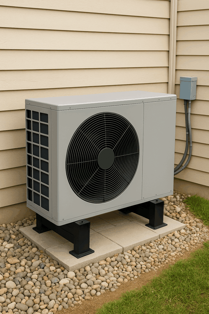 Outdoor residential heat pump unit mounted on a concrete pad against a beige siding wall