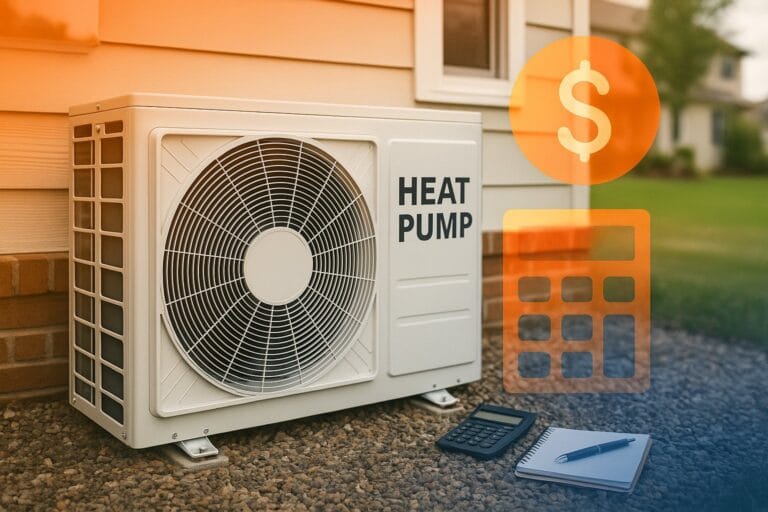 Modern heat pump system outside a home with money symbols overlayed, illustrating cost and budgeting for homeowners.