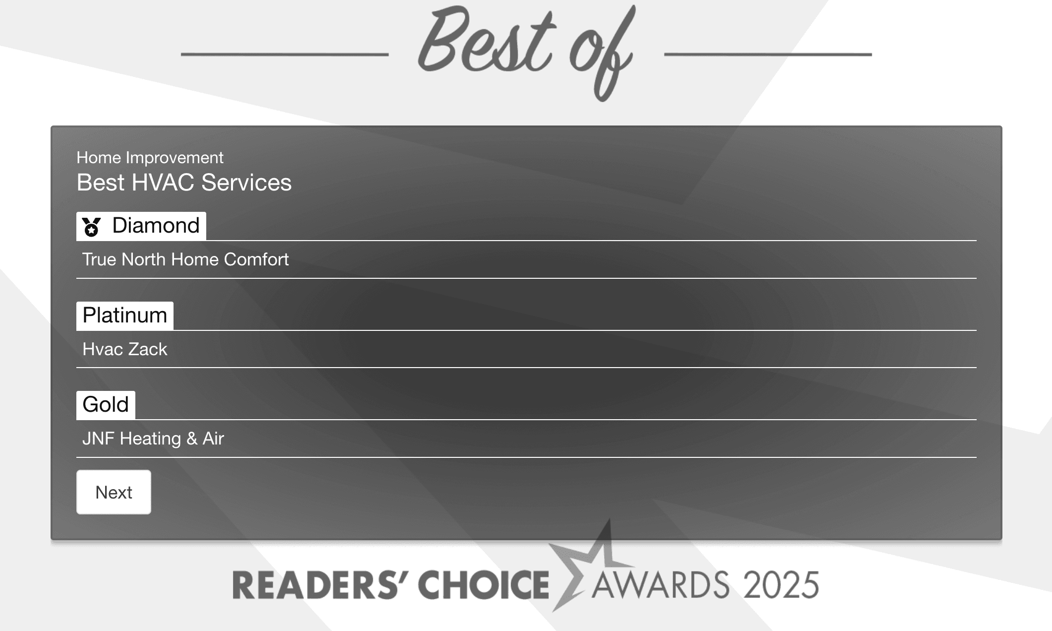 Screenshot showing HVAC Zack as Platinum Winner for Best HVAC Services in Oshawa in the 2025 Readers’ Choice Awards