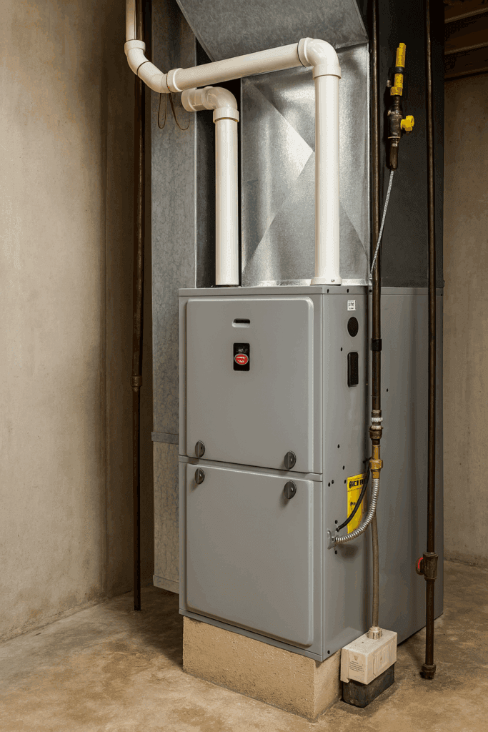 High-efficiency gas furnace with PVC venting installed in a Pickering basement.
