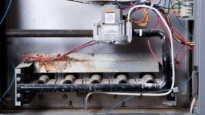 Open furnace burner compartment showing gas valve, burners, and wiring—used to illustrate carbon monoxide safety checks.