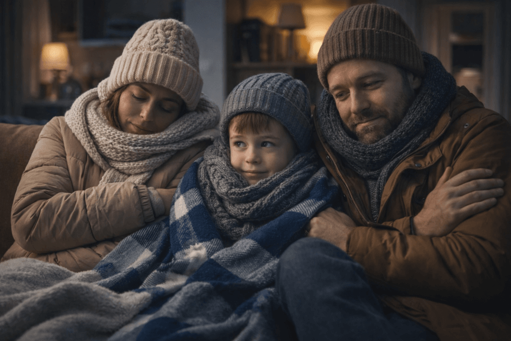 Family bundled in hats and scarves under blankets on a couch, illustrating cold rooms and uneven heat in winter.