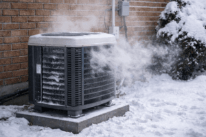 Outdoor heat pump releasing steam during a normal defrost cycle in winter at a Durham Region home