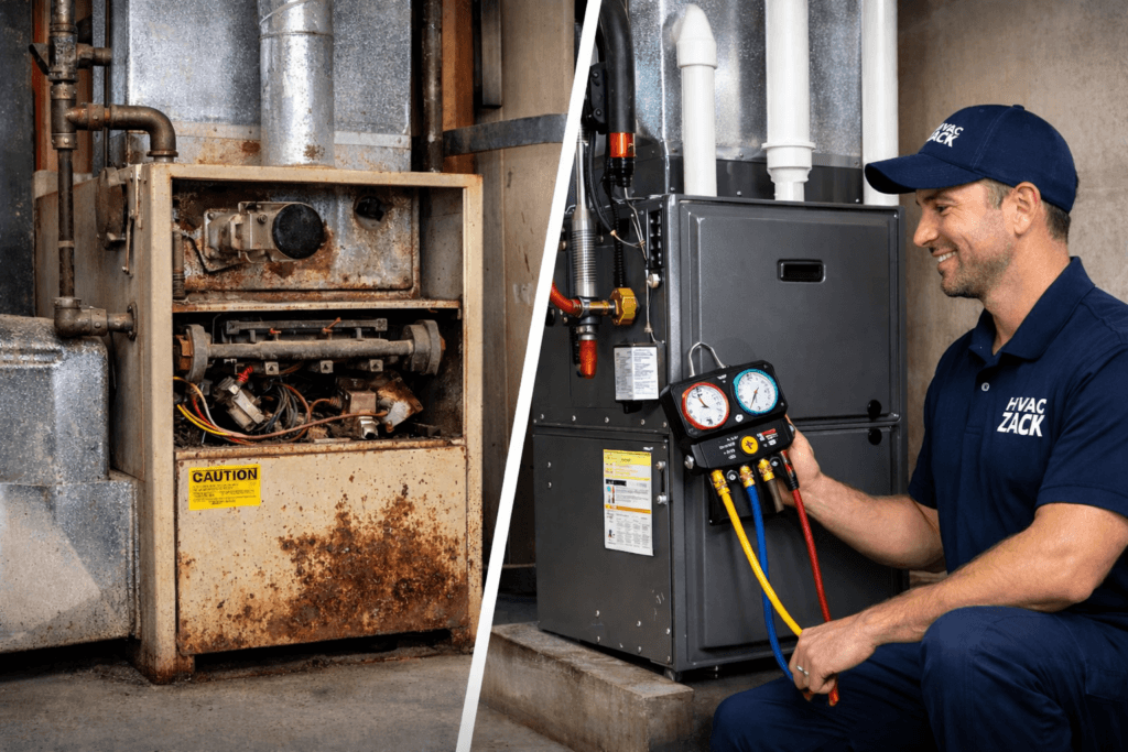 Side-by-side comparison of a rusted old furnace and a modern high-efficiency unit serviced by HVAC Zack in Durham Region