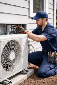 Licensed HVAC technician servicing an outdoor heat pump unit at a Durham Region home