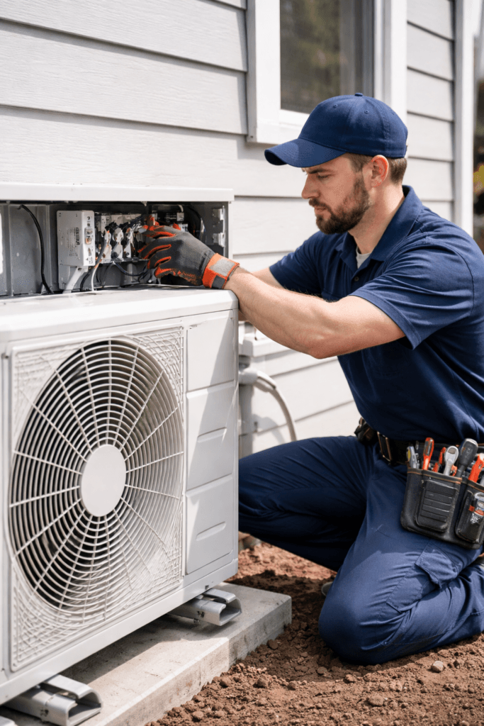 Licensed HVAC technician servicing an outdoor heat pump unit at a Durham Region home