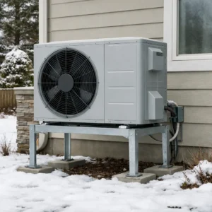 Outdoor heat pump unit on a raised stand beside a Durham Region home in winter