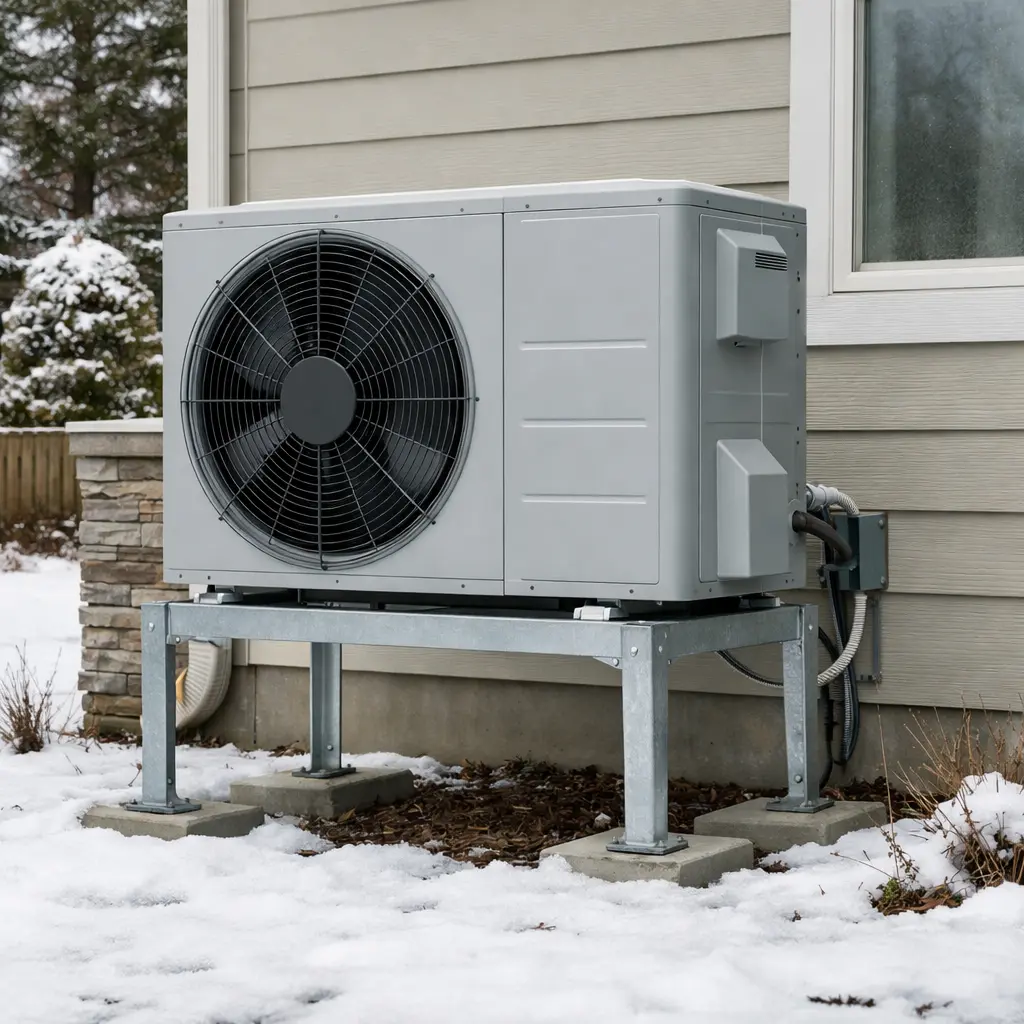 Outdoor heat pump unit on a raised stand beside a Durham Region home in winter