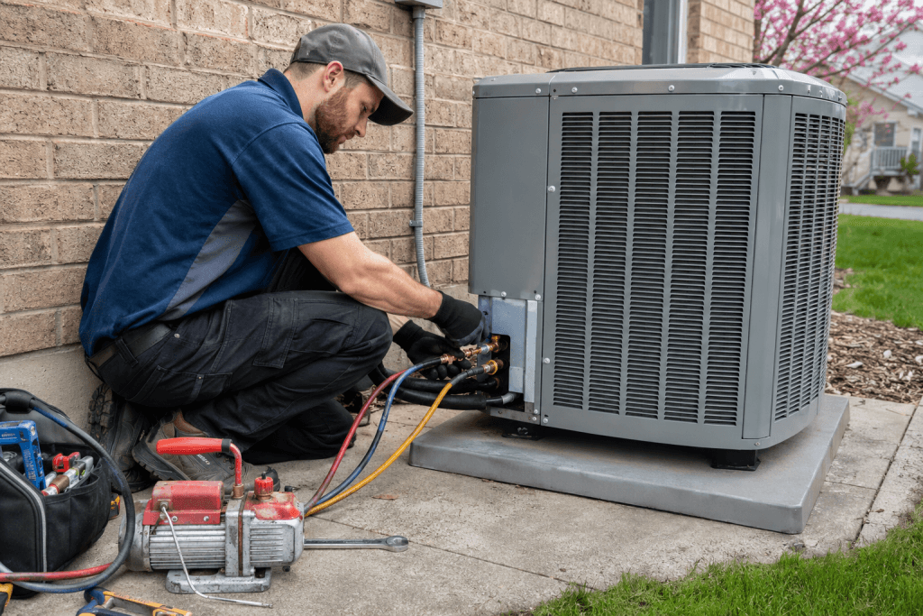 HVAC technician installing a central air conditioner outdoor unit at an Oshawa Ontario home in spring 2026