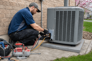HVAC technician installing a central air conditioner outdoor unit at an Oshawa Ontario home in spring 2026