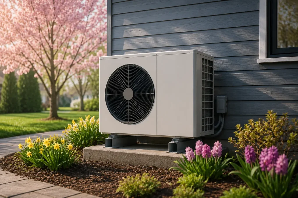 Outdoor hybrid heat pump unit beside a Durham Region home in spring, showing the system that requires a lockout temperature setting