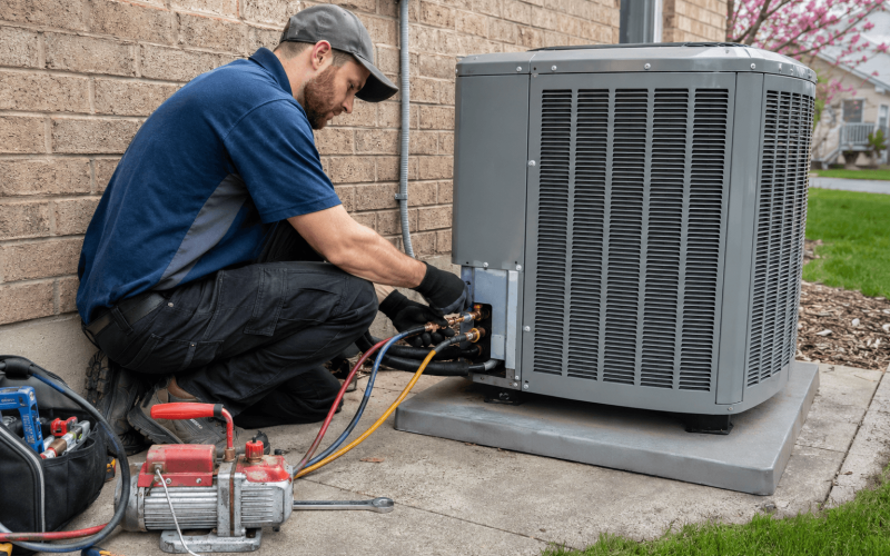 HVAC technician installing a central air conditioner outdoor unit at an Oshawa Ontario home in spring 2026