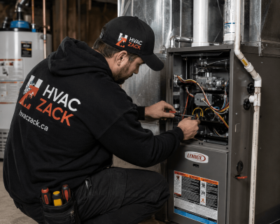 HVAC Zack technician servicing a Lennox furnace in a Durham Region home
