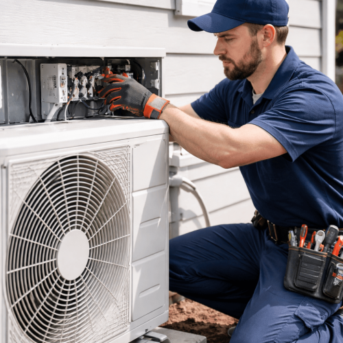 Licensed HVAC technician servicing an outdoor heat pump unit at a Durham Region home