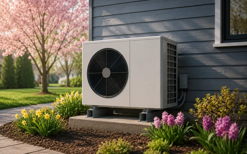 Outdoor hybrid heat pump unit beside a Durham Region home in spring, showing the system that requires a lockout temperature setting