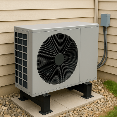 Outdoor residential heat pump unit mounted on a concrete pad against a beige siding wall
