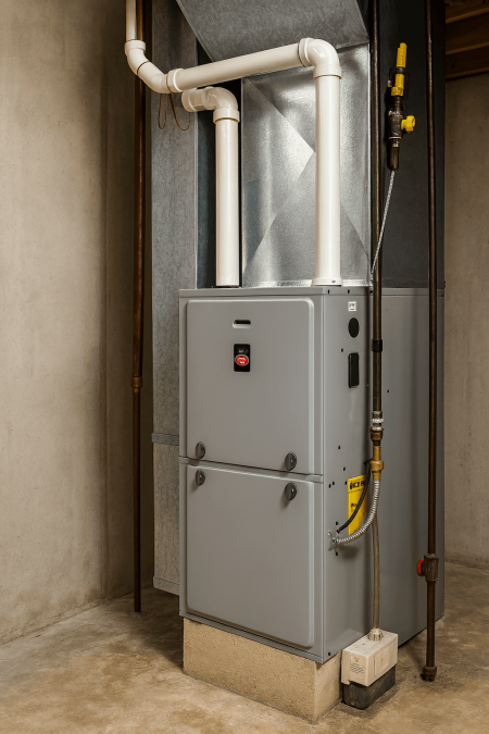 Furnace Installation in Pickering | HVAC Zack High-efficiency gas furnace with PVC venting installed in a Pickering basement.