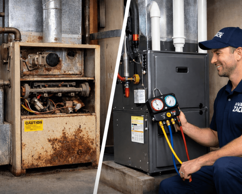 Side-by-side comparison of a rusted old furnace and a modern high-efficiency unit serviced by HVAC Zack in Durham Region